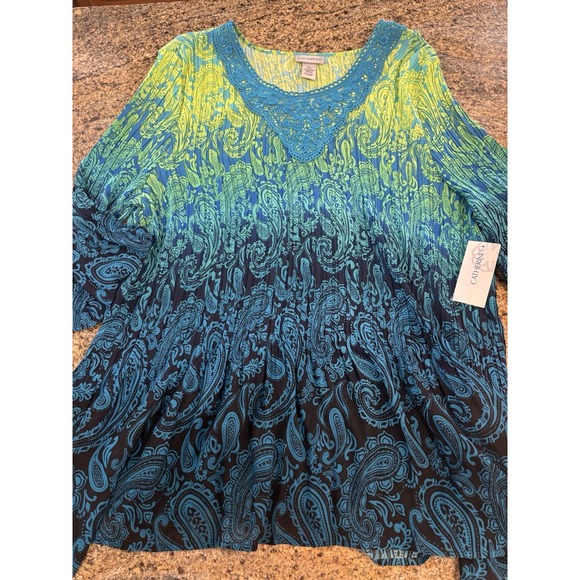 NWT Catherines 3X Top Blouse Ombre Crinkle Stretch Blue Tunic 26/28W Embroider - Picture 3 of 6